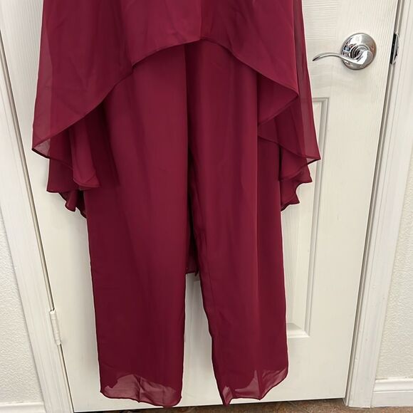 Wedding Pant Suit Maroon Red Sheer Ruched Cap Sleeve Embroidered Beaded Elegant - Picture 7 of 15